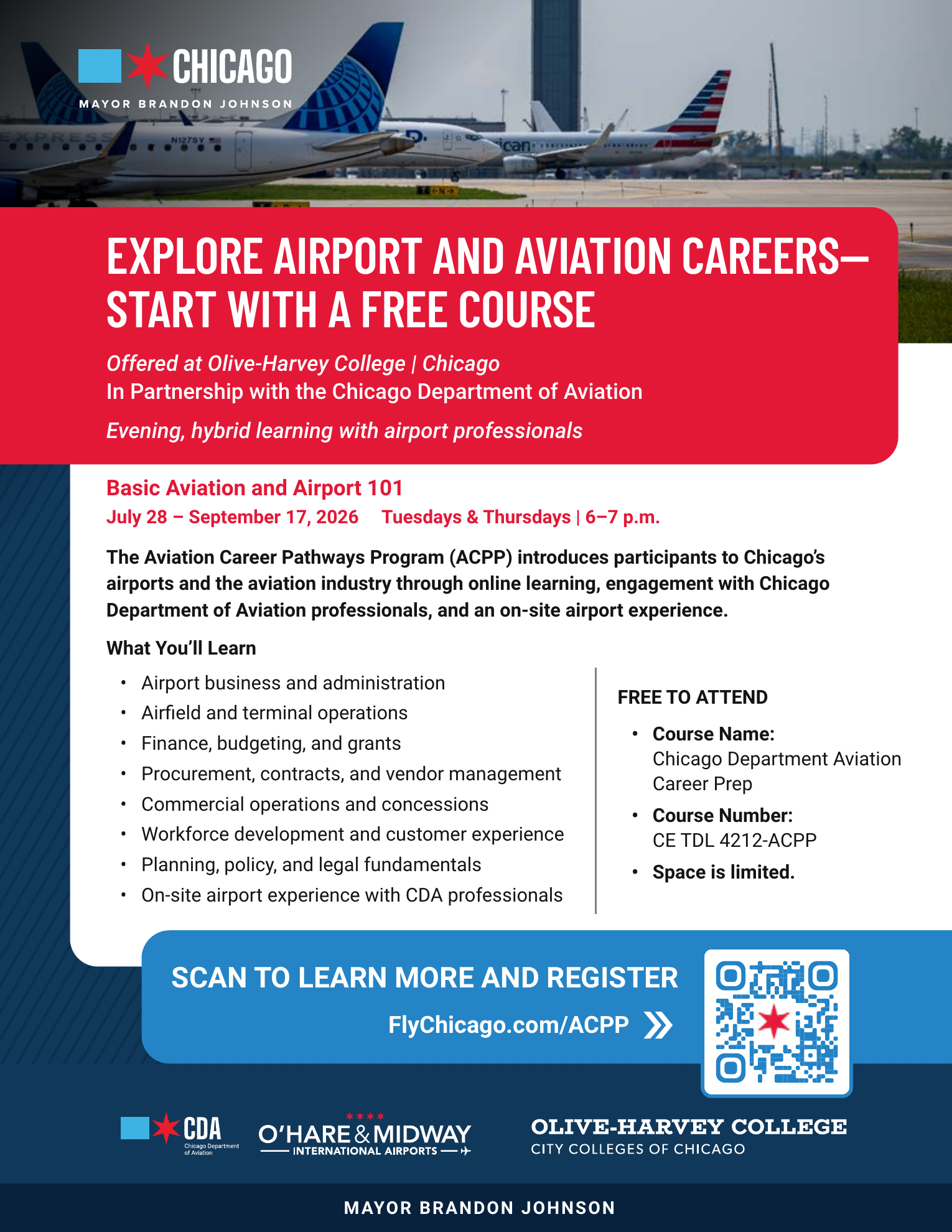 Fall 2026 Aviation Career Pathways Program digital flyer with course schedule, learning topics, and registration information