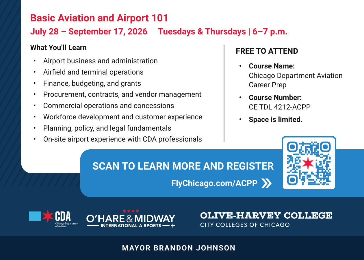 Back of the Aviation Career Pathways Program postcard listing course dates, topics, course number, and registration link
