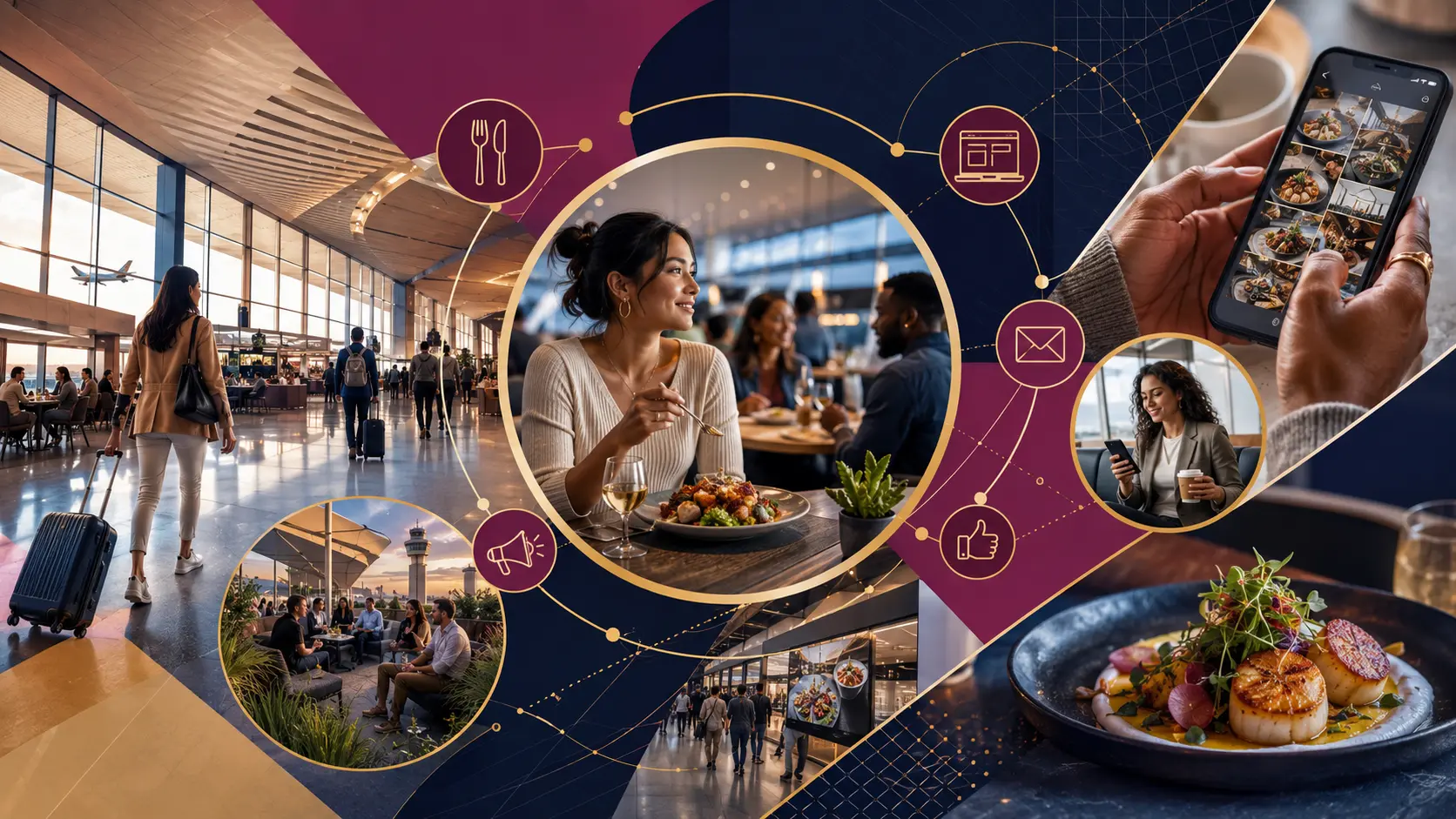 Airport dining campaign collage with travelers, restaurant dishes, and digital promotion