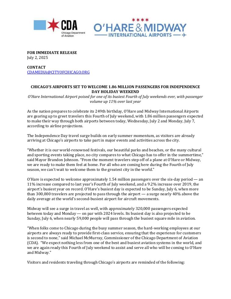 Chicago Department of Aviation press release document