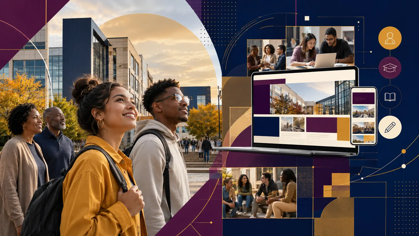 University open house campaign collage with students, campus buildings, and responsive web pages