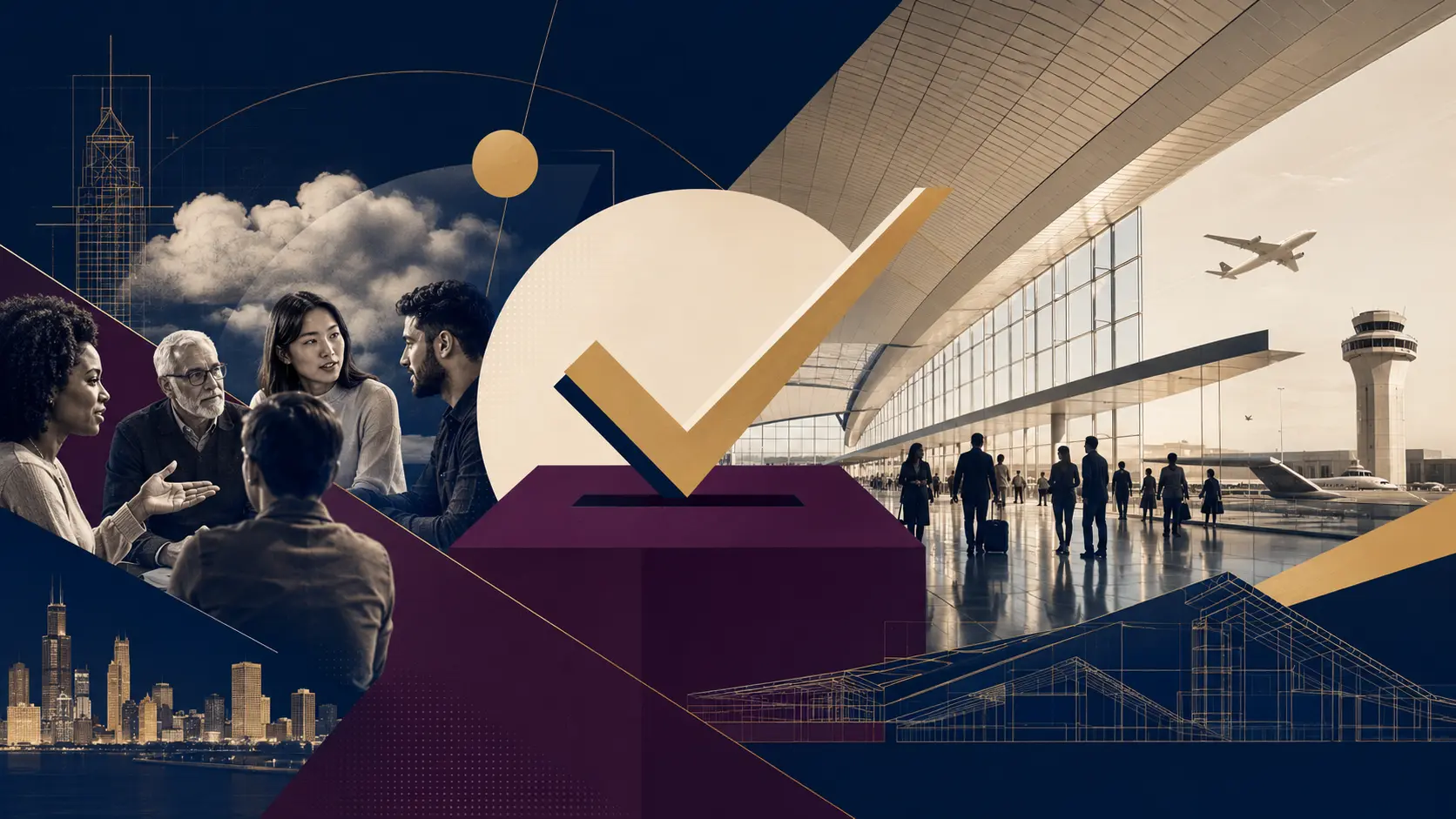 Airport public-input campaign collage with a terminal, community discussion, and survey check mark