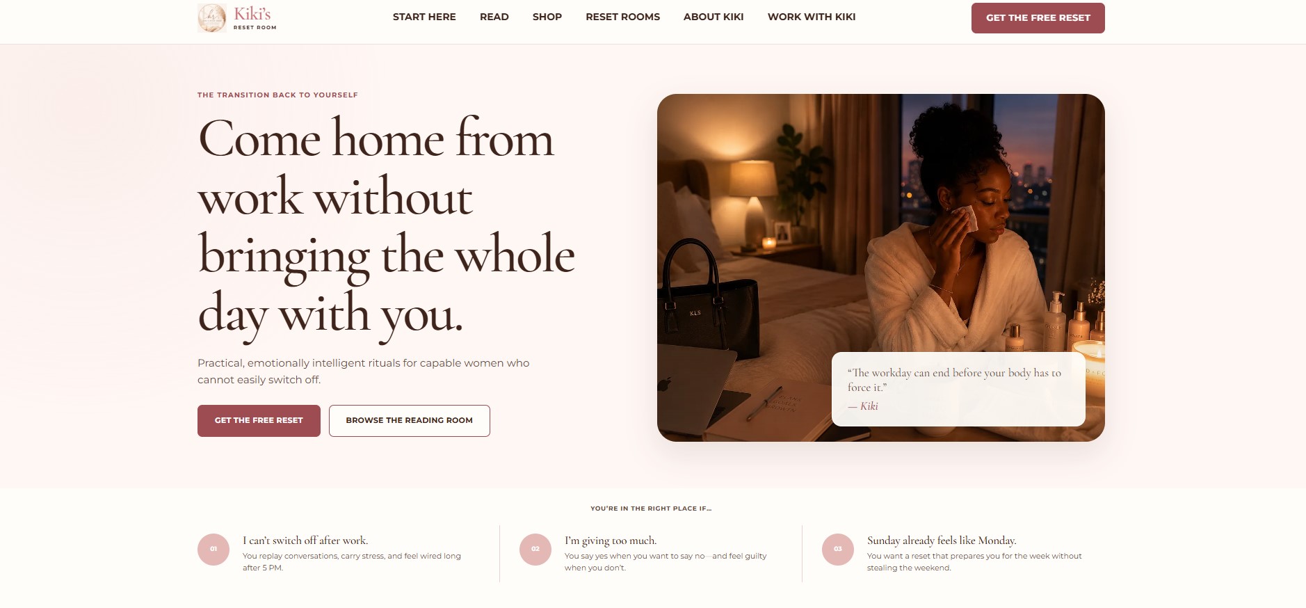 Kiki's Reset Room homepage with the after-work reset, navigation, and reader pathways