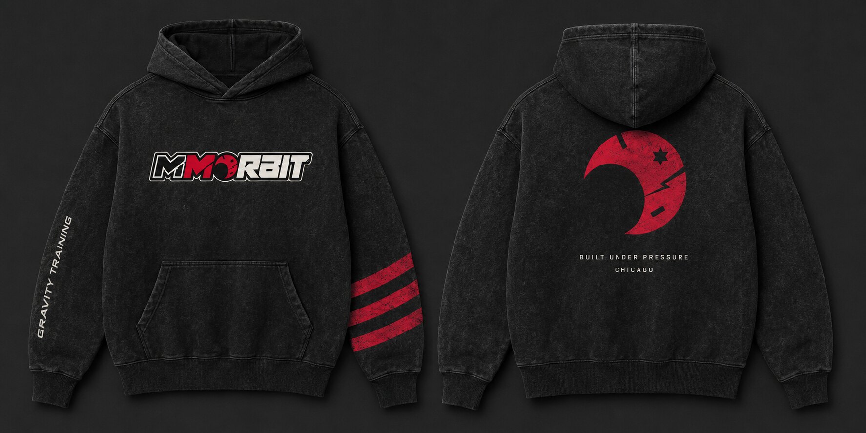 Front and back view of the MMORBIT Gravity Training Hoodie