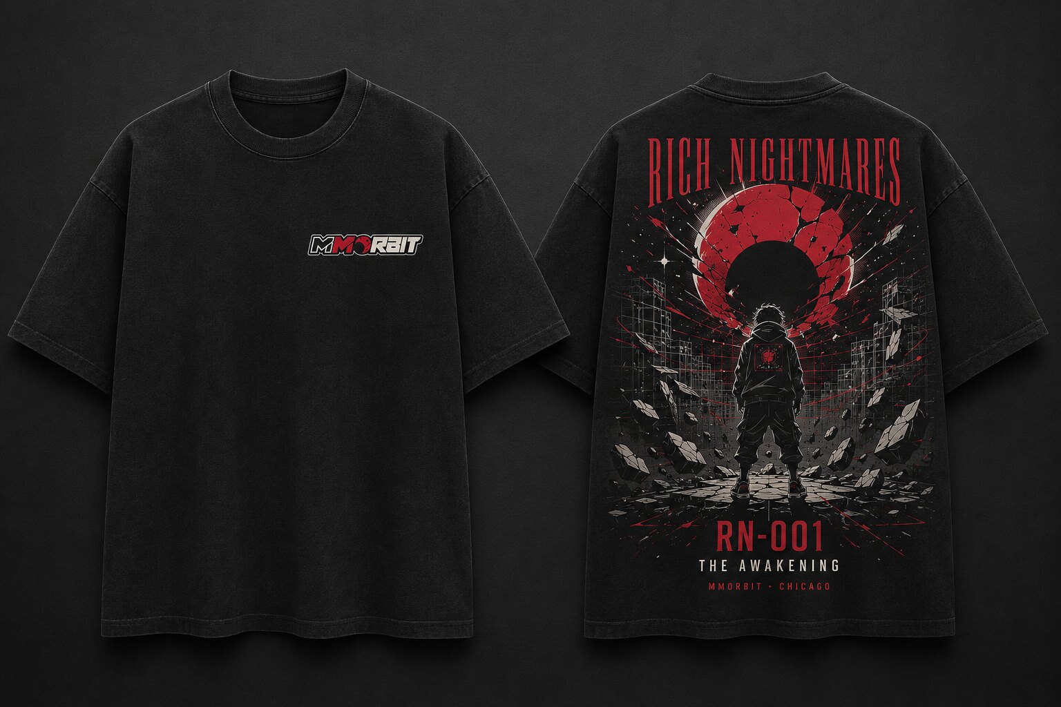 Front and back view of the MMORBIT Awakening T-shirt