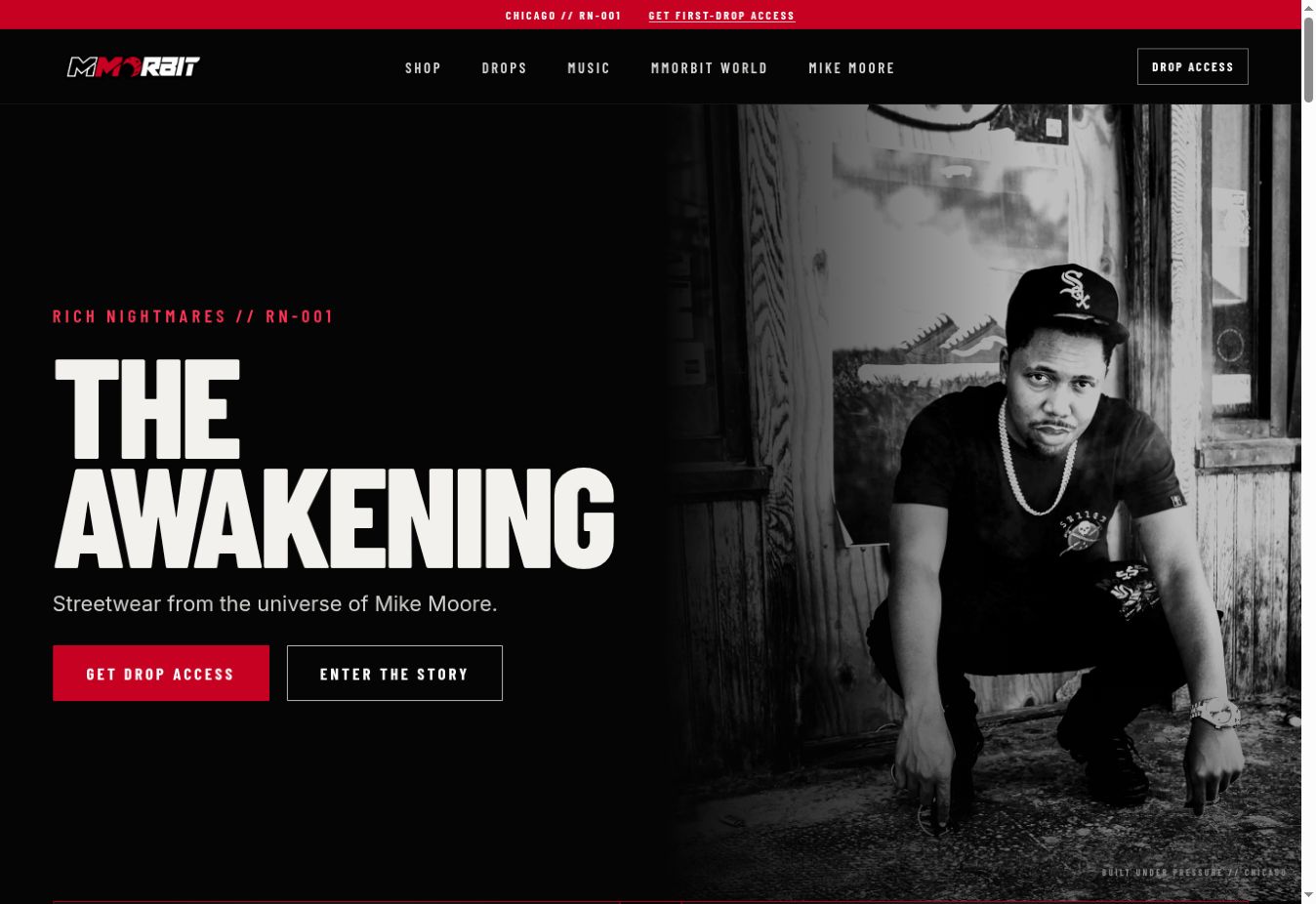 MMORBIT homepage with The Awakening campaign, product navigation, and Mike Moore photography