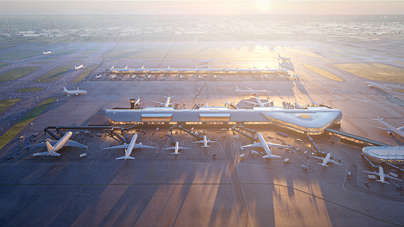 Aerial photograph of O'Hare concourses D and E